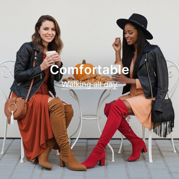 Women's Red Suede Chunky Heels Zipper Over The Knee High Adjustable Opening Boot - Picture 2 of 9